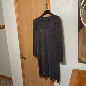 Gap NWT Large Black & Silver Puff Sleeve Metallic Ribbed Mid-Calf Dress